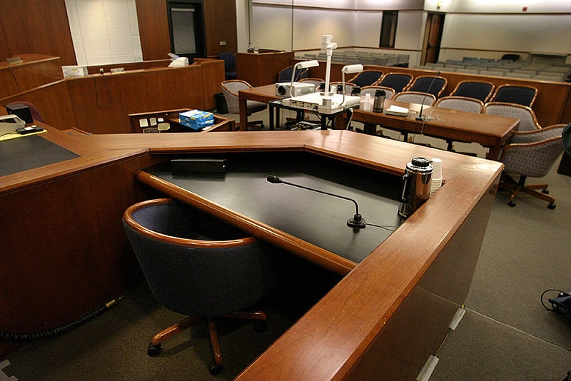 A view from behind the witness stand looking towards the gallery in Courtroom #8 which will be full of prospective jury candidates. (Photo by Spencer Weiner-Pool/Getty Images)