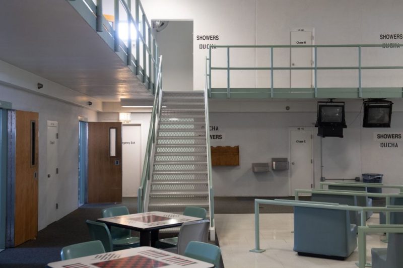 A common area and cell room doors are seen inside the Caroline Detention Facility in Bowling Green, Virginia, on August 13, 2018. - A former regional jail, the facility has been contracted by the US Department of Homeland Security Immigration and Customs Enforcement (ICE) to house undocumented adult immigrant detainees for violations of immigration laws (Photo by SAUL LOEB / AFP) (Photo credit should read SAUL LOEB/AFP via Getty Images)