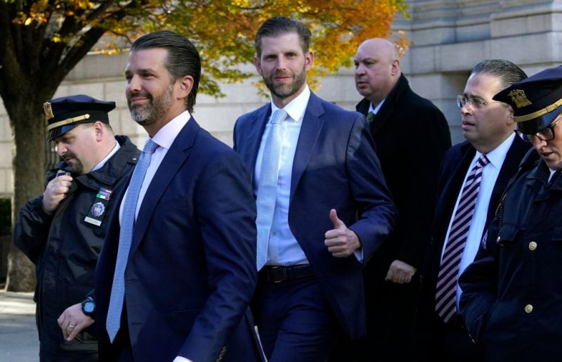 Donald Trump Jr. (2nd L) and Eric Trump (3rd L) arrive at New York Supreme Court November 2, 2023, for the fraud trial of the Trump Organization. Eric Trump is in court to testify one day after his brother Donald Trump Jr., testified he had not been involved in the organization's financial documents at the center of the prosecution. (Photo by TIMOTHY A. CLARY / AFP) (Photo by TIMOTHY A. CLARY/AFP via Getty Images)