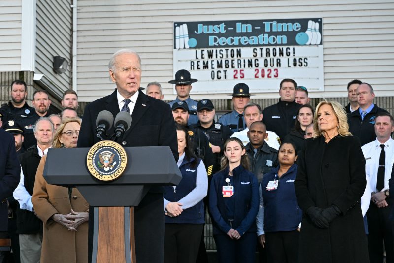 US President Joe Biden speaks surrounded by first responders, nurses, and others on the front lines of the response to the October 25, 2023 mass shooting in Lewinston, Maine, on November 3, 2023. The suspect in a mass shooting that killed 18 people in the US state of Maine was found dead on October 27, 2023, after a two-day manhunt that mobilized hundreds of law enforcement agents. (Photo by Mandel NGAN / AFP) (Photo by MANDEL NGAN/AFP via Getty Images)