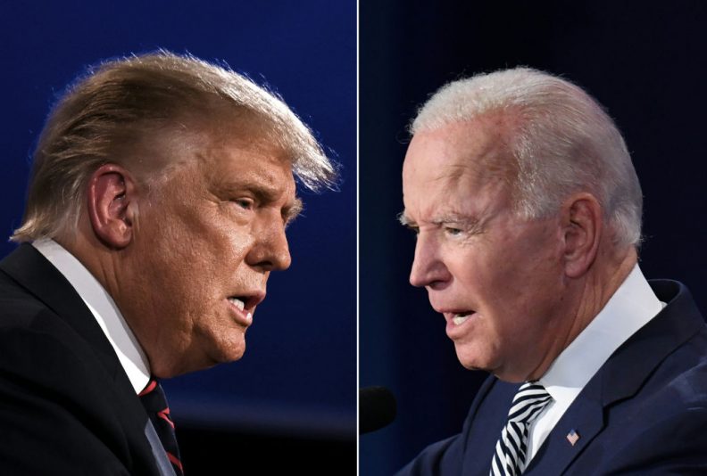TOPSHOT - (COMBO) This combination of pictures created on September 29, 2020 shows US President Donald Trump (L) and Democratic Presidential candidate former Vice President Joe Biden squaring off during the first presidential debate at the Case Western Reserve University and Cleveland Clinic in Cleveland, Ohio on September 29, 2020. (Photos by JIM WATSON and SAUL LOEB / AFP) (Photo by JIM WATSON,SAUL LOEB/AFP via Getty Images)